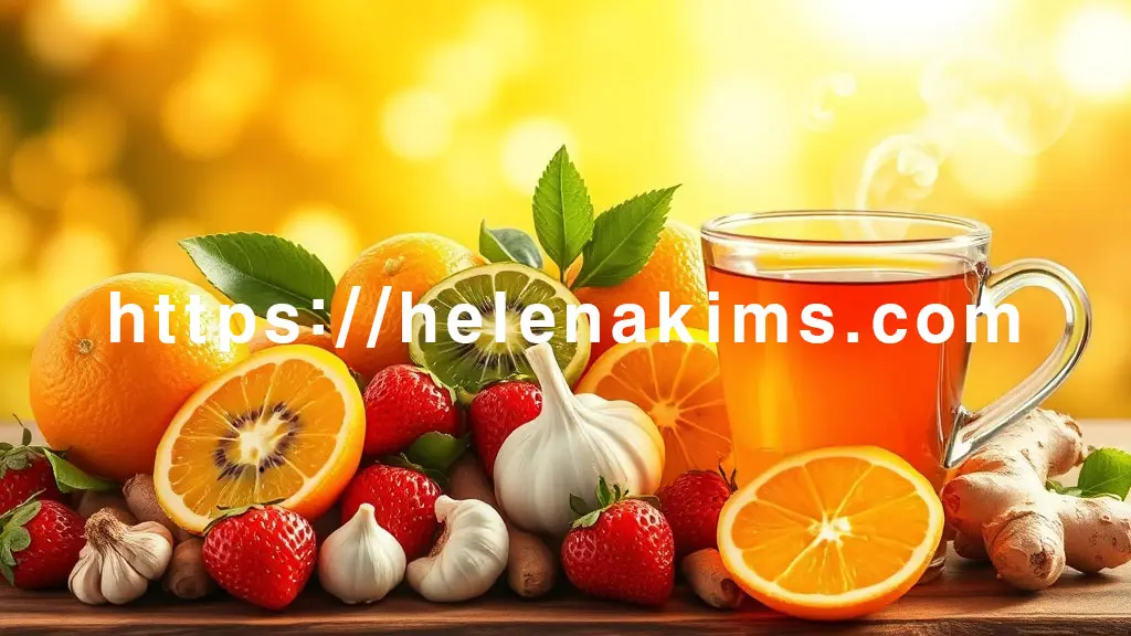 따뜻한 햇살이 비추는 배경에 면역력 강화 식재료들을 감각적으로 배치. 신선한 오렌지, 키위, 딸기, 마늘, 생강 뿌리가 생기 있게 놓여있고, 한쪽에는 김이 모락모락 피어오르는 따뜻한 허브차가 놓인 이미지.