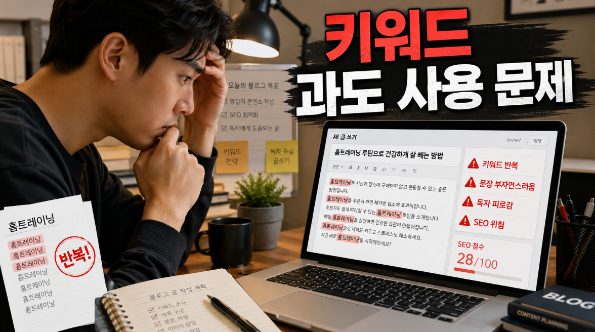 티스토리 블로그 글에서 키워드 과도 사용으로 문장이 부자연스러워지는 문제 상황 이미지