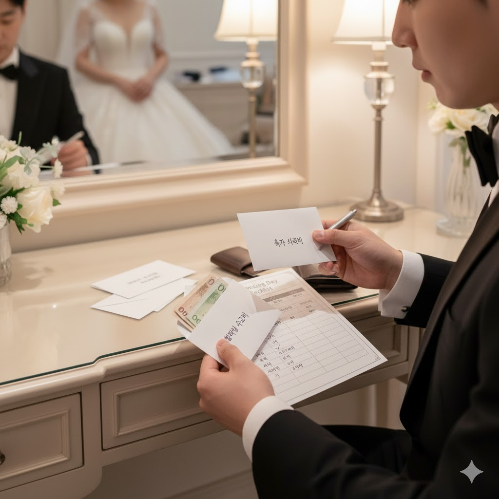 결혼식 당일 봉투(수고비)를 챙기고 체크리스트를 확인하는 모습
