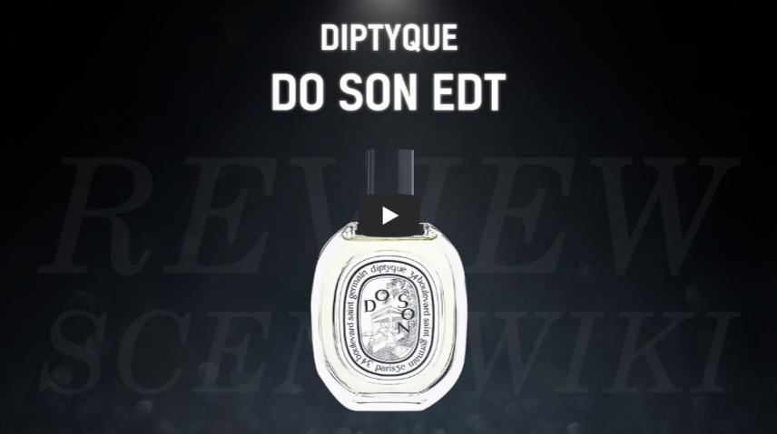 블랙 그라데이션 배경 위에 &ldquo;DIPTYQUE DO SON EDT&rdquo;라는 흰색 글자가 빛나고, 중앙에는 플레이 아이콘이 겹쳐진 딥티크 도 손 EDT 향수 병이 배치된 리뷰 영상 썸네일 이미지