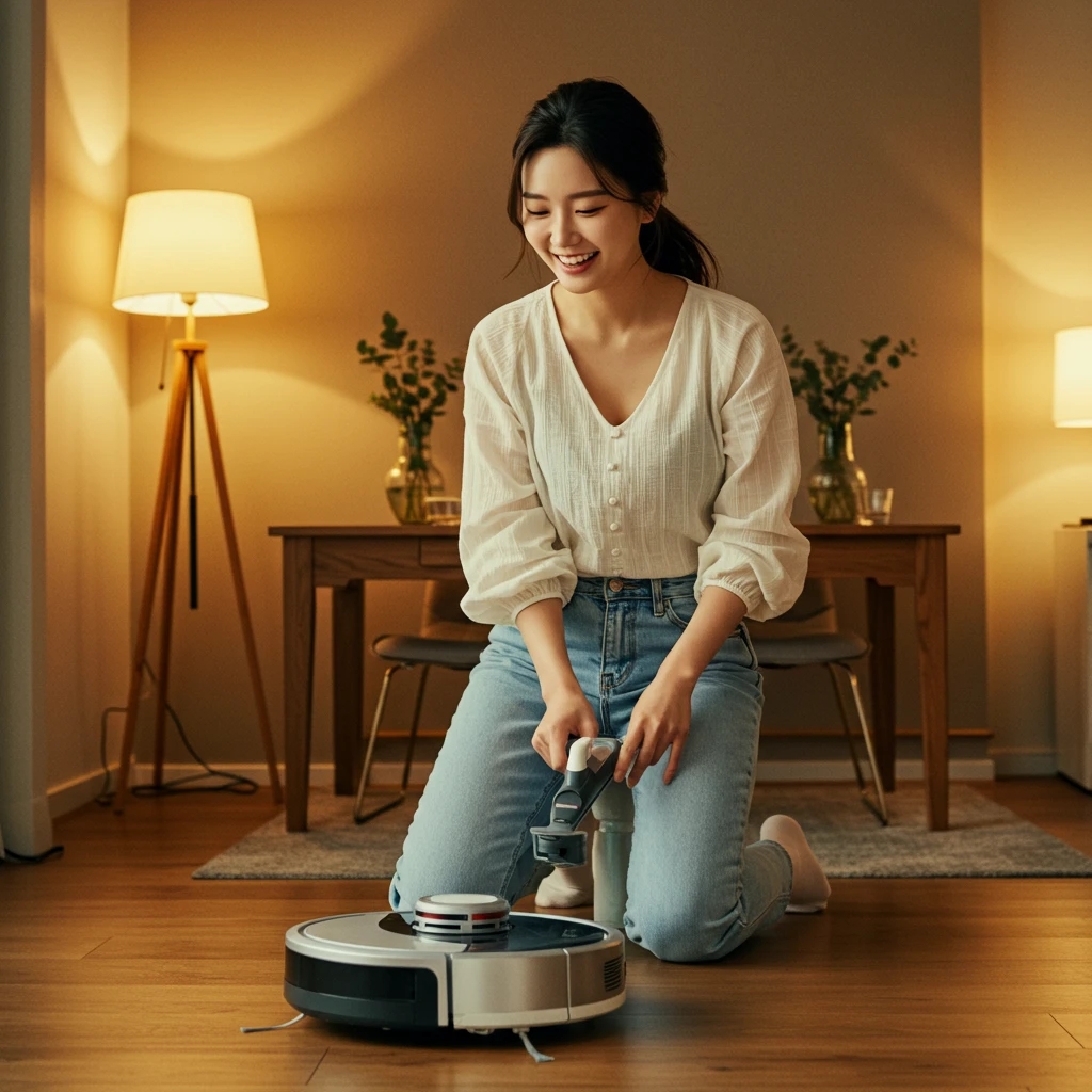 로봇청소기-거실청소-사용하는-여자