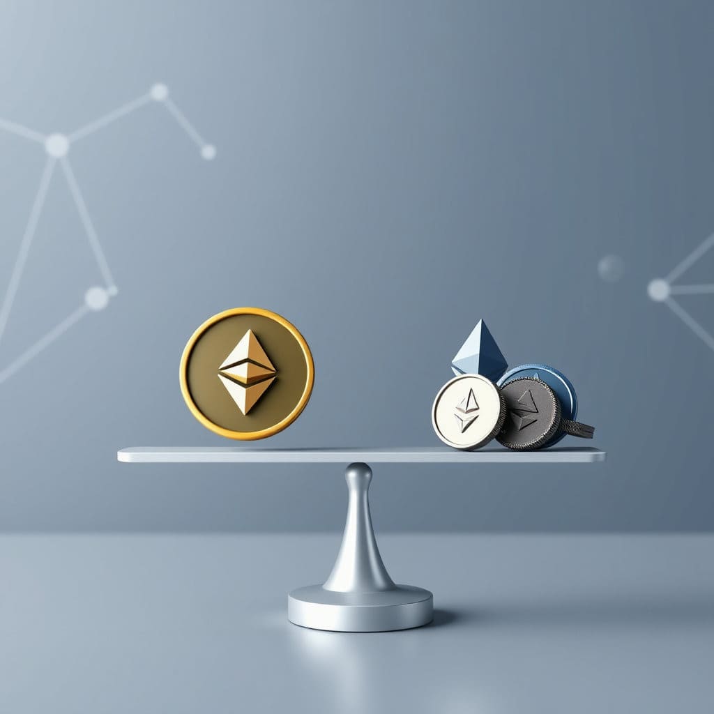 저울의 한쪽에는 스테이블 코인 아이콘을, 다른 한쪽에는 이더리움(ETH) 등 다른 암호화폐의 아이콘들이 놓여 균형을 이루는 모습을 묘사합니다. 저울이 안정적으로 수평을 유지하고 있으며, 암호화폐 담보물들이 스테이블 코인의 가치를 든든하게 지탱하고 있음을 표현합니다. 블록체인 네트워크나 디지털 연결을 상징하는 추상적인 배경 요소를 추가할 수 있습니다.