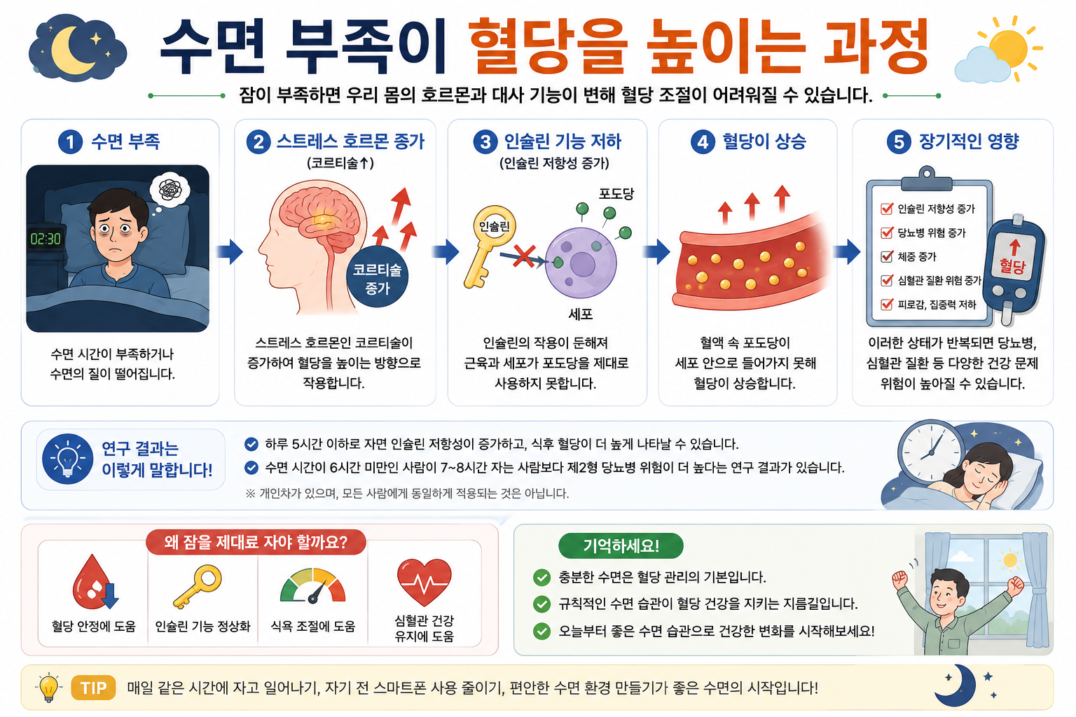 수면 부족, 스트레스 호르몬, 인슐린 작용과 혈당의 관계를 단계로 그린 그림