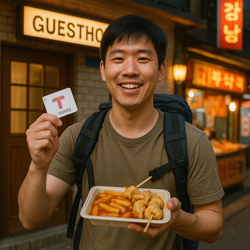 황혼빛이 감도는 게스트하우스 앞에서 티머니 카드를 들고 포장마차 음식 트레이를 든 배낭여행자가 환히 웃고 있다