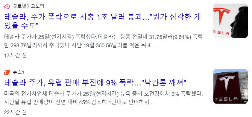 여러 방면에서 주가가 폭락하는 위기를 겪고 있는 테슬라