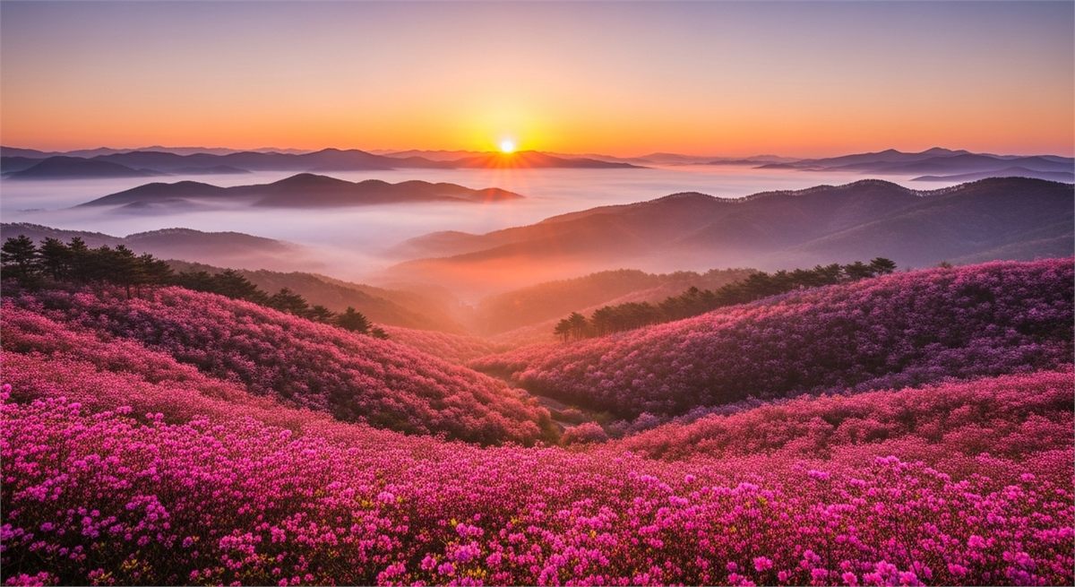 일출 빛을 받은 황매산 철쭉 군락의 아침 풍경
