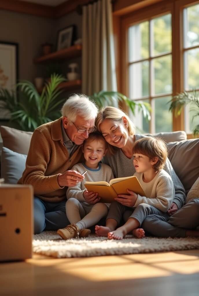 할아버지 할머니가 아이와 함께 책을 읽음