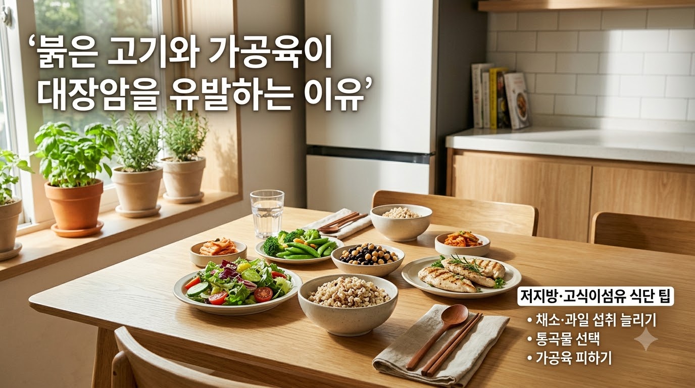 햇살이 비치는 아늑하고 깨끗한 주방 식탁 위에 지방을 줄이고 신선한 채소, 통곡물, 콩류 등 고식이섬유 식재료들로 건강하게 차려진 식단의 모습. '붉은 고기와 가공육이 대장암을 유발하는 이유', '저지방&middot;고식이섬유 식단 팁'이라는 문구가 적혀 있어, 대장 건강을 지키는 올바른 식습관의 중요성을 시각화함.