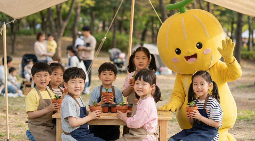 참외 캐릭터와 함께 사진을 찍거나 생명 문화 체험 프로그램에 참여하며 즐거워하는 아이들