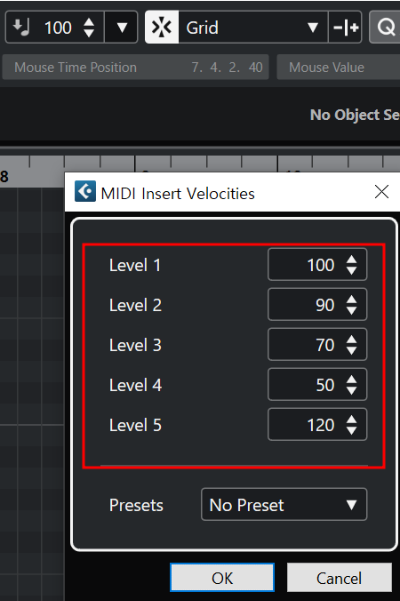 큐베이스 인서트 벨로시티 설정 방법