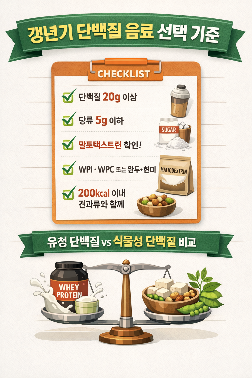갱년기 단백질 음료 선택 체크리스트 인포그래픽, 단백질 20g 이상 당류 5g 이하 말토덱스트린 확인 방법 설명