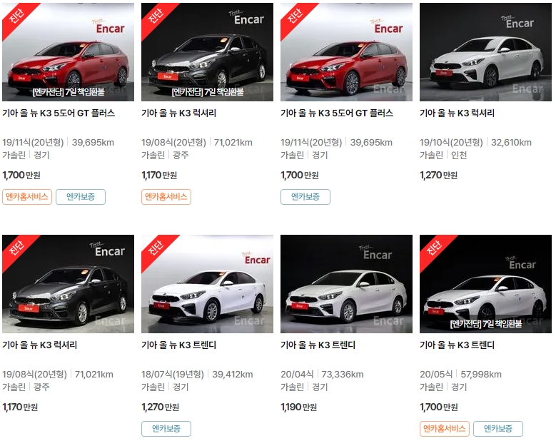 올 뉴 K3 중고차 가격표 (엔카)