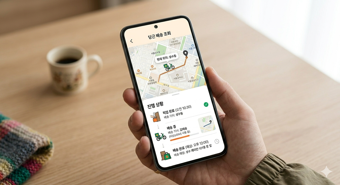 스마트폰 화면에 띄워진 당근 앱의 바로배송 실시간 위치 추적 및 배송 상태 알림 화면