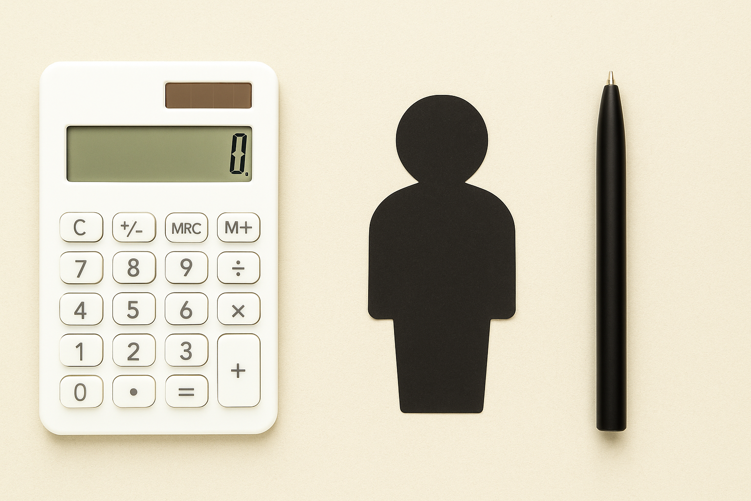 "계산기와 검은 사람 모양 아이콘, 검정색 펜이 나란히 놓인 대출 신청 이미지"