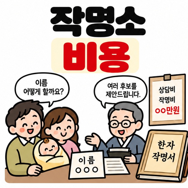 이름 카드와 한자 작명서 가격표 아이콘 옆에 작명소 비용 문구를 크게 보여주는 대표 카드