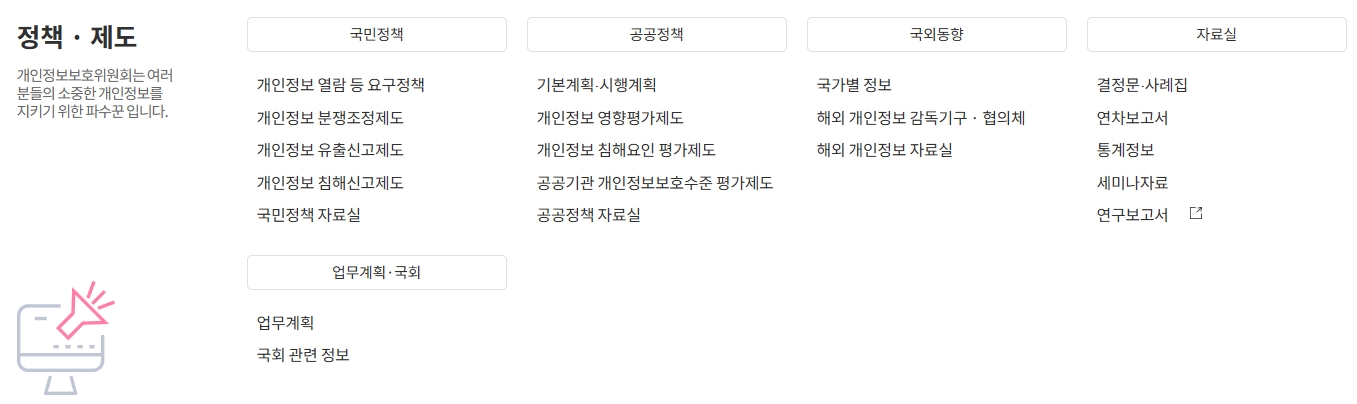 정책 및 제도 메뉴가 펼쳐진 모습