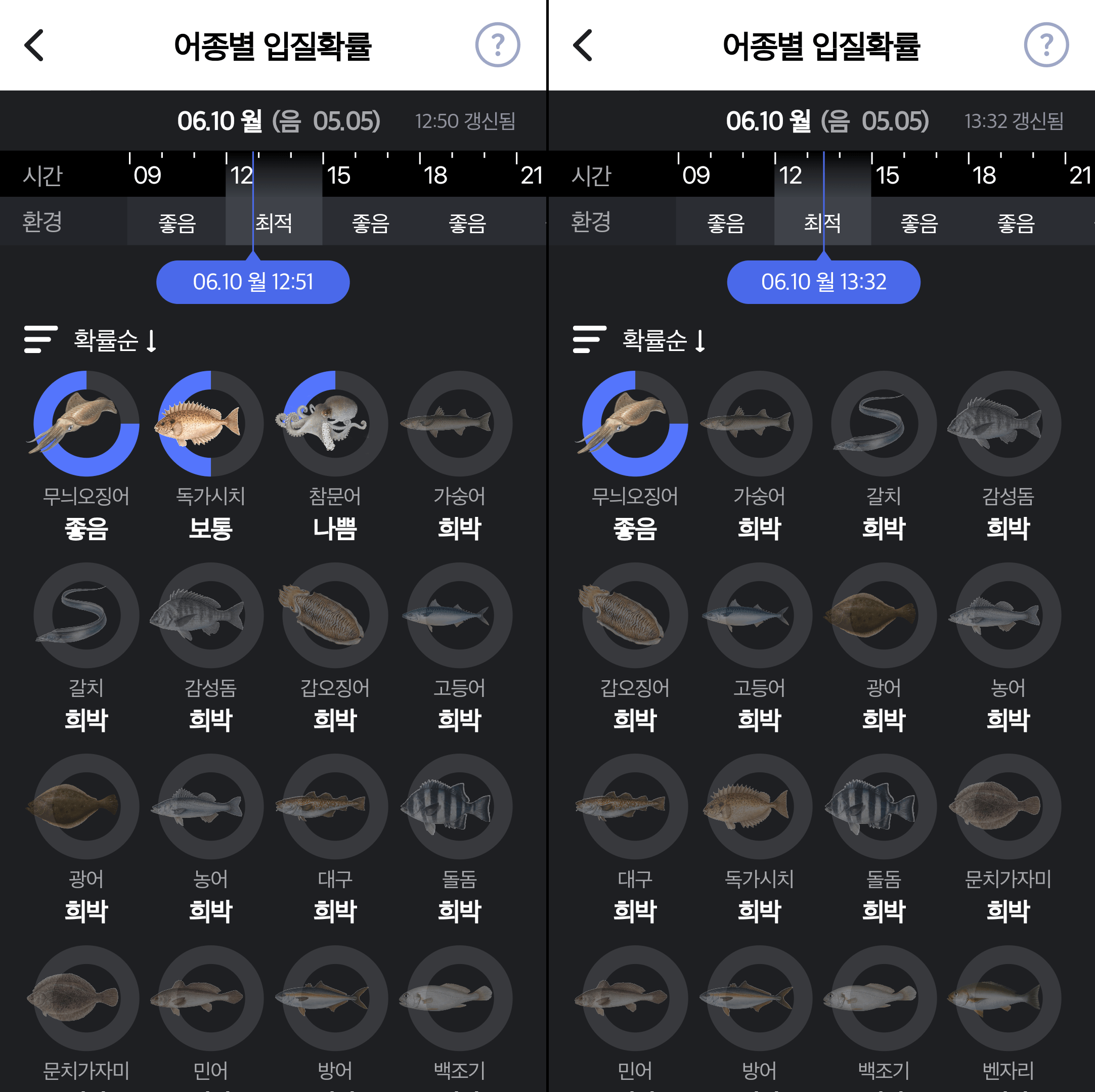 어종별 입질 확률