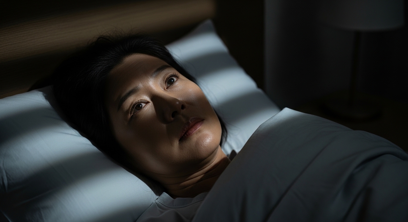 밤중에 깨어 천장을 바라보는 중년 여성