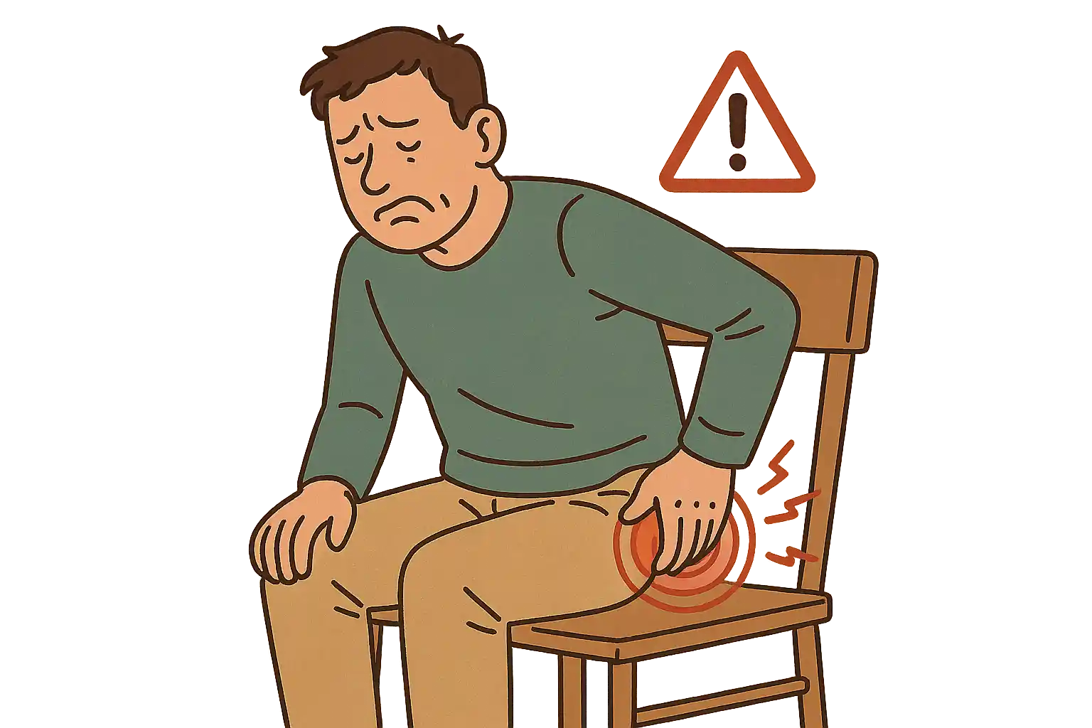 의자에 앉아 불편한 표정으로 엉덩이를 긁는 사람