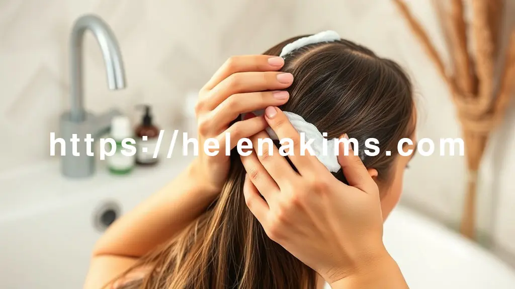 환절기 건조하고 민감해진 두피에 손길이 닿아 두피 토닉이나 진정 팩을 부드럽게 도포하는 모습.