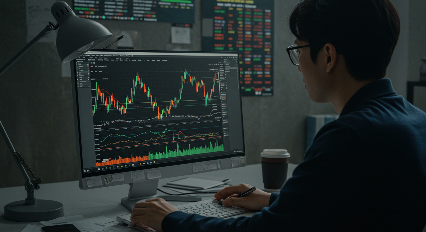 이동평균선을 활용해 주식 차트를 분석하는 한국 투자자의 모습