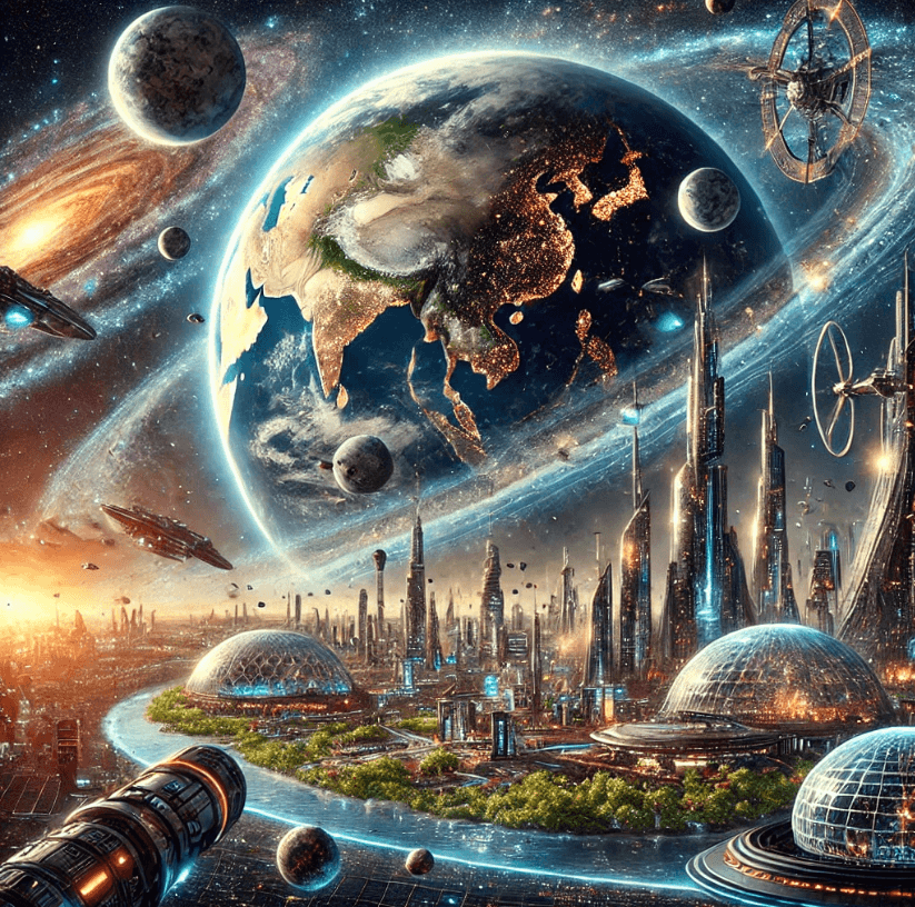1000년뒤의 지구와 우주의 모습을 시각화한 모습, 미래적인 건물들이 즐비어 서있고 지구의 모습도 보이는데 테두리가 둘러져 있고 거대한 인공위성도 보인다.