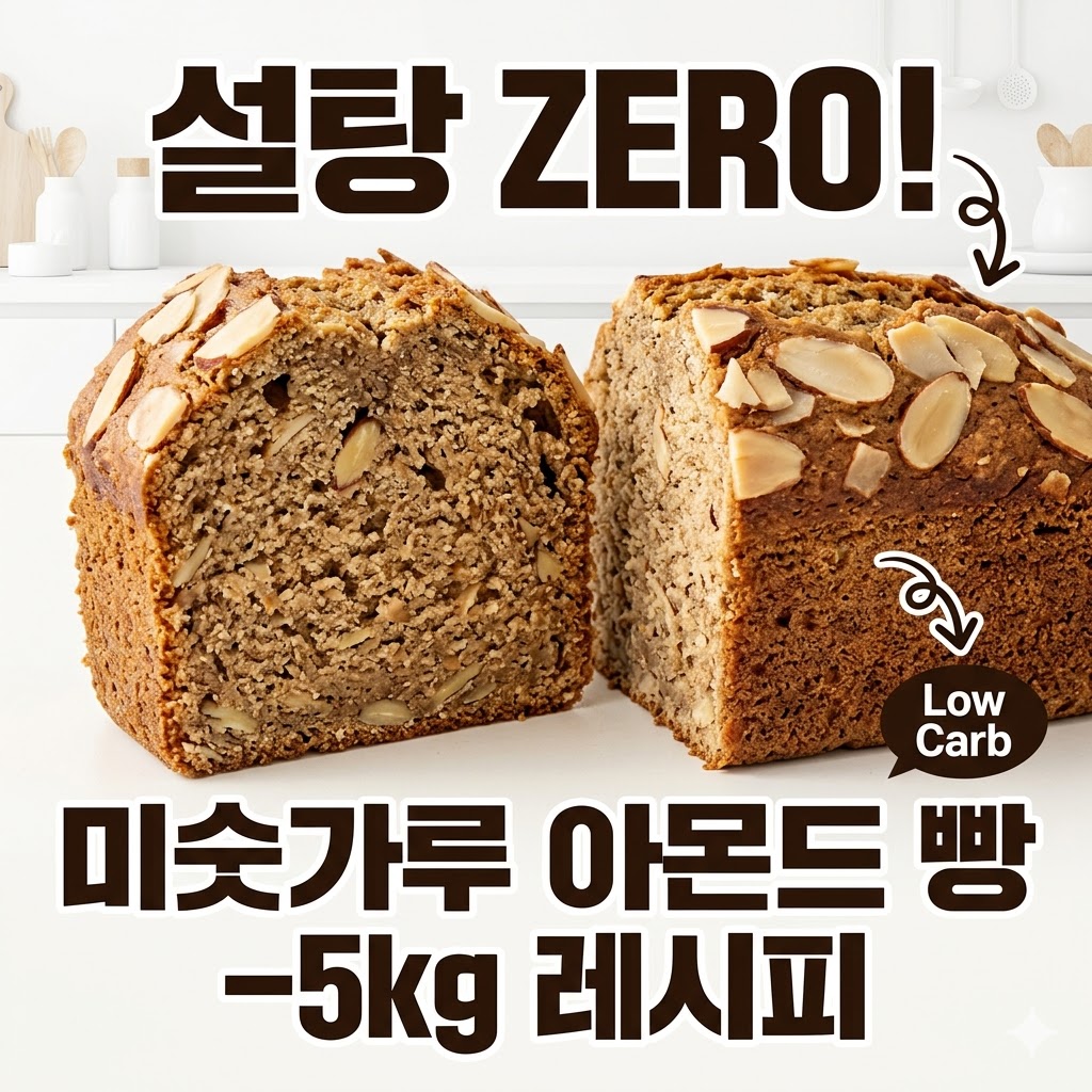 먹음직스럽게 구워진 미숫가루 아몬드 파운드케이크의 단면 사진. 촉촉한 식감과 아몬드 슬라이스가 보이며, 상단에는 '설탕 ZERO!', 하단에는 '미숫가루 아몬드 빵 -5kg 레시피'라는 굵은 한글 텍스트가 적혀 있는 클릭 유도형 썸네일 이미지.