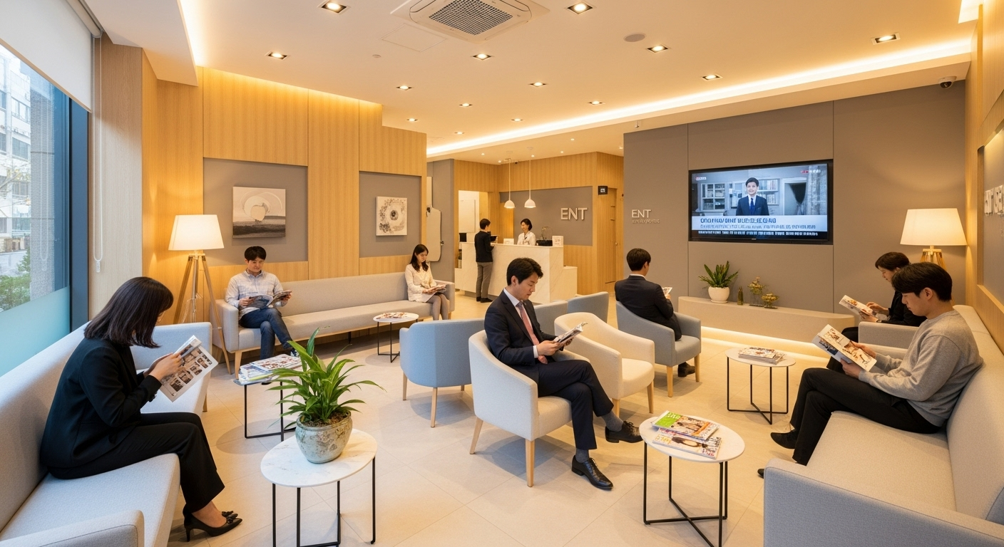 이비인후과 대기실에서 환자들이 상담을 기다리는 장면