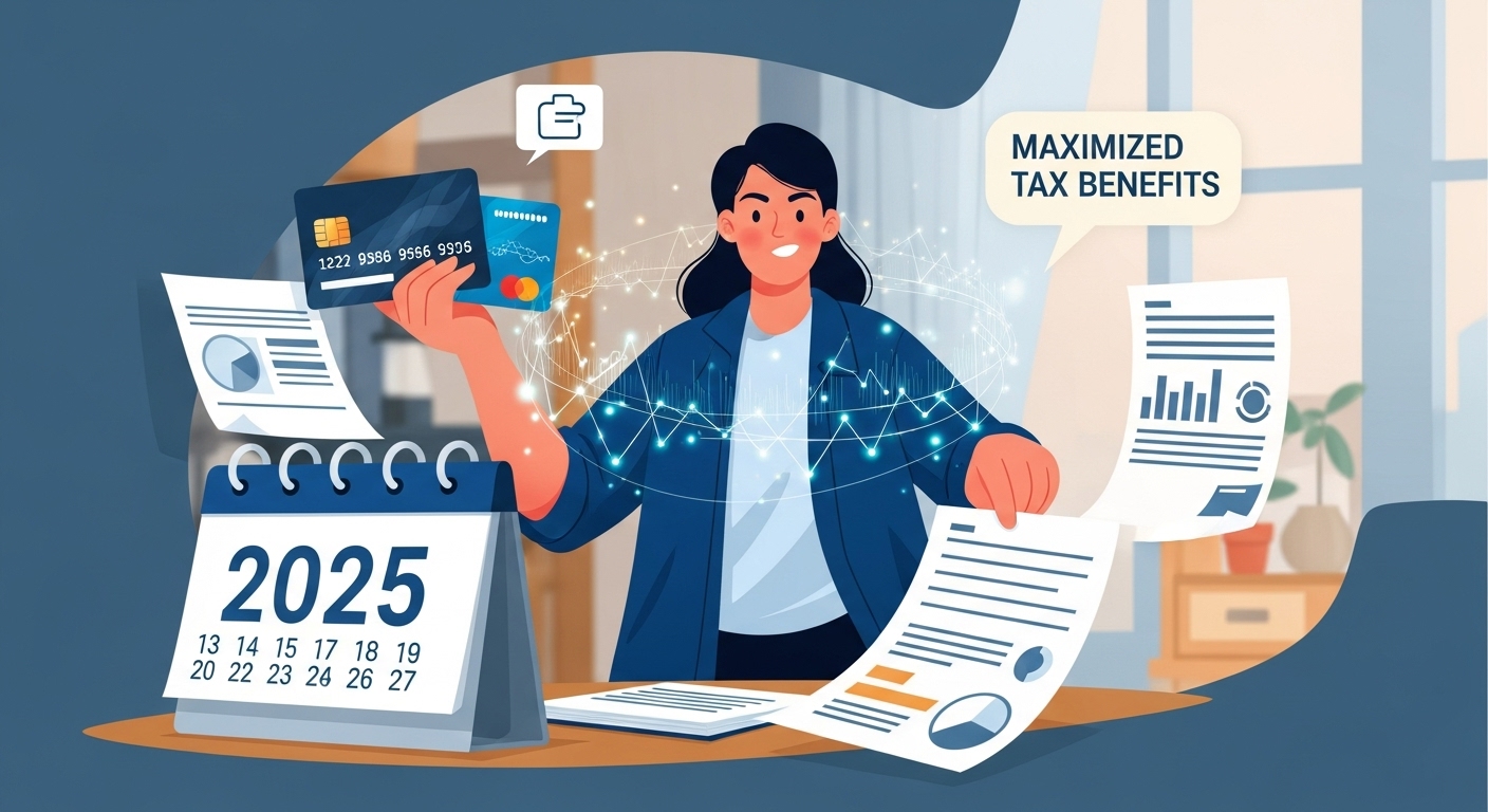 A dynamic and slightly futuristic image illustrating a person confidently managing their finances, with credit cards, a calendar showing 2025, and various financial documents. The person should have a determined expression, surrounded by subtle glowing data lines or charts, symbolizing smart financial planning and maximized tax benefits. The background should be a modern office or home setting with a warm, inviting blue-grey color scheme. Focus on a sense of achievement and smart decision-making.