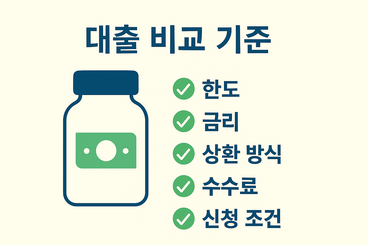 한도, 금리, 상환방식, 수수료 등 카카오뱅크 대출상품을 비교할 때 확인해야 할 핵심 요소들을 시각적으로 정리한 인포그래픽