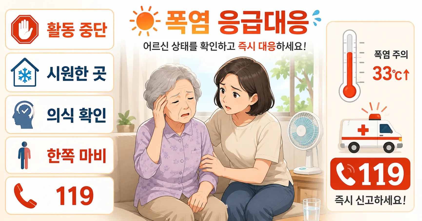 폭염 속 어르신의 의식과 말투를 확인하는 가족
