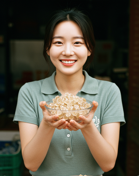 빙당을 그릇에 담고 설명하는 모습