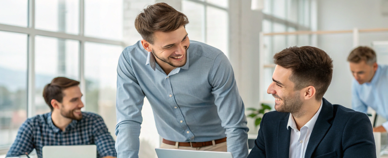 20대로 보이는 직장인들이 사무실에서 대화하고 있다