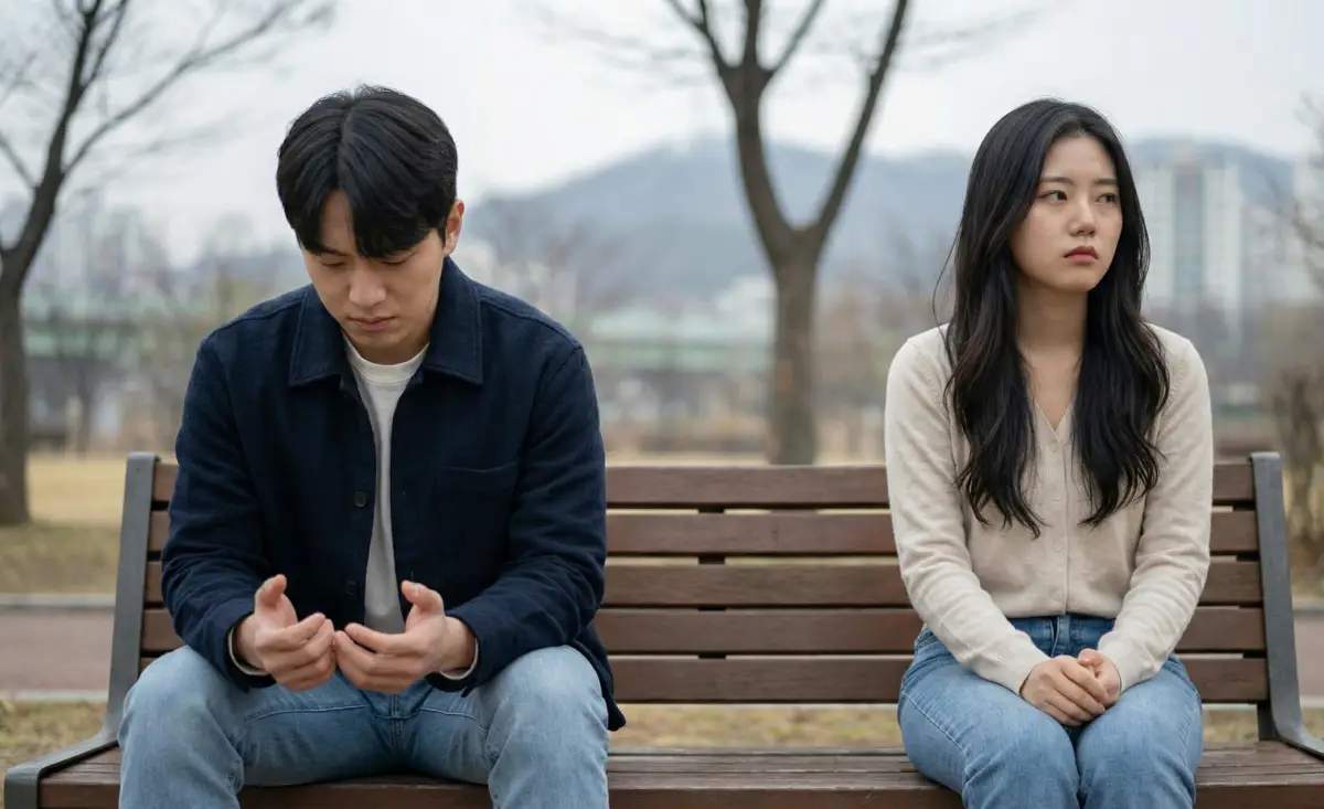 공원 벤치에 멀리 떨어져 앉아 서로 다른 곳을 보고 있는 연인의 모습