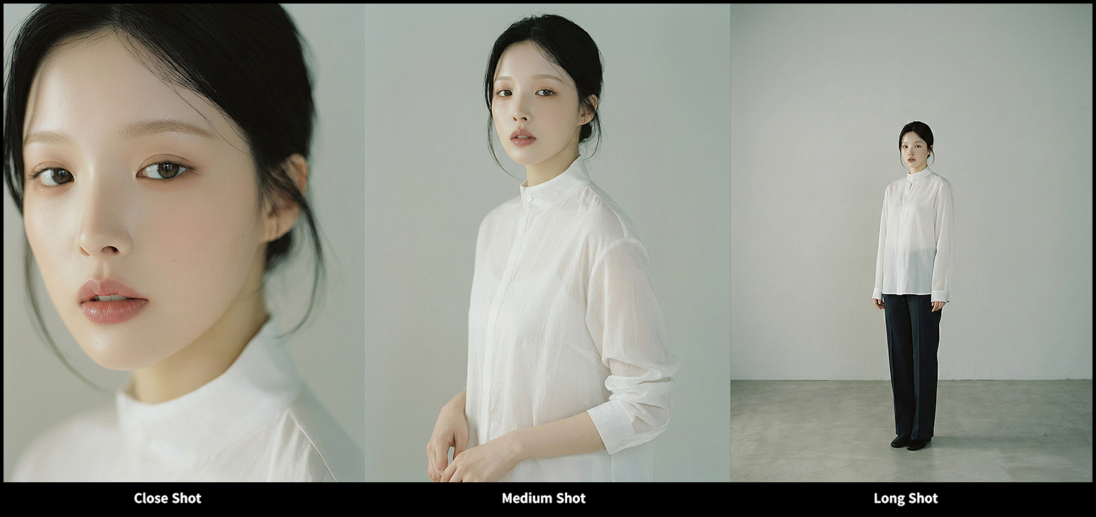 카메라 거리 변화에 따른 인물 정보 밀도를 비교한 Close Medium Long Shot 그리드 이미지_Nano Banana