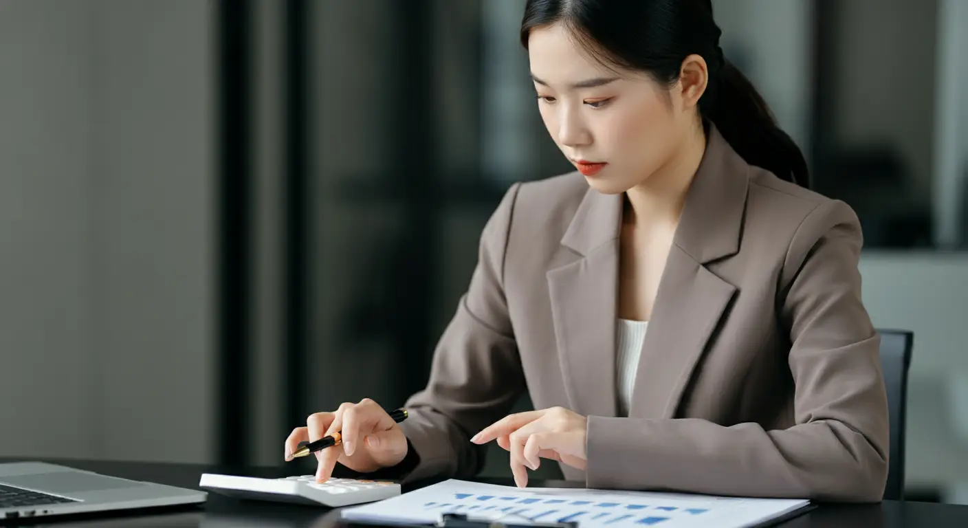 계산기를 사용하는 여성