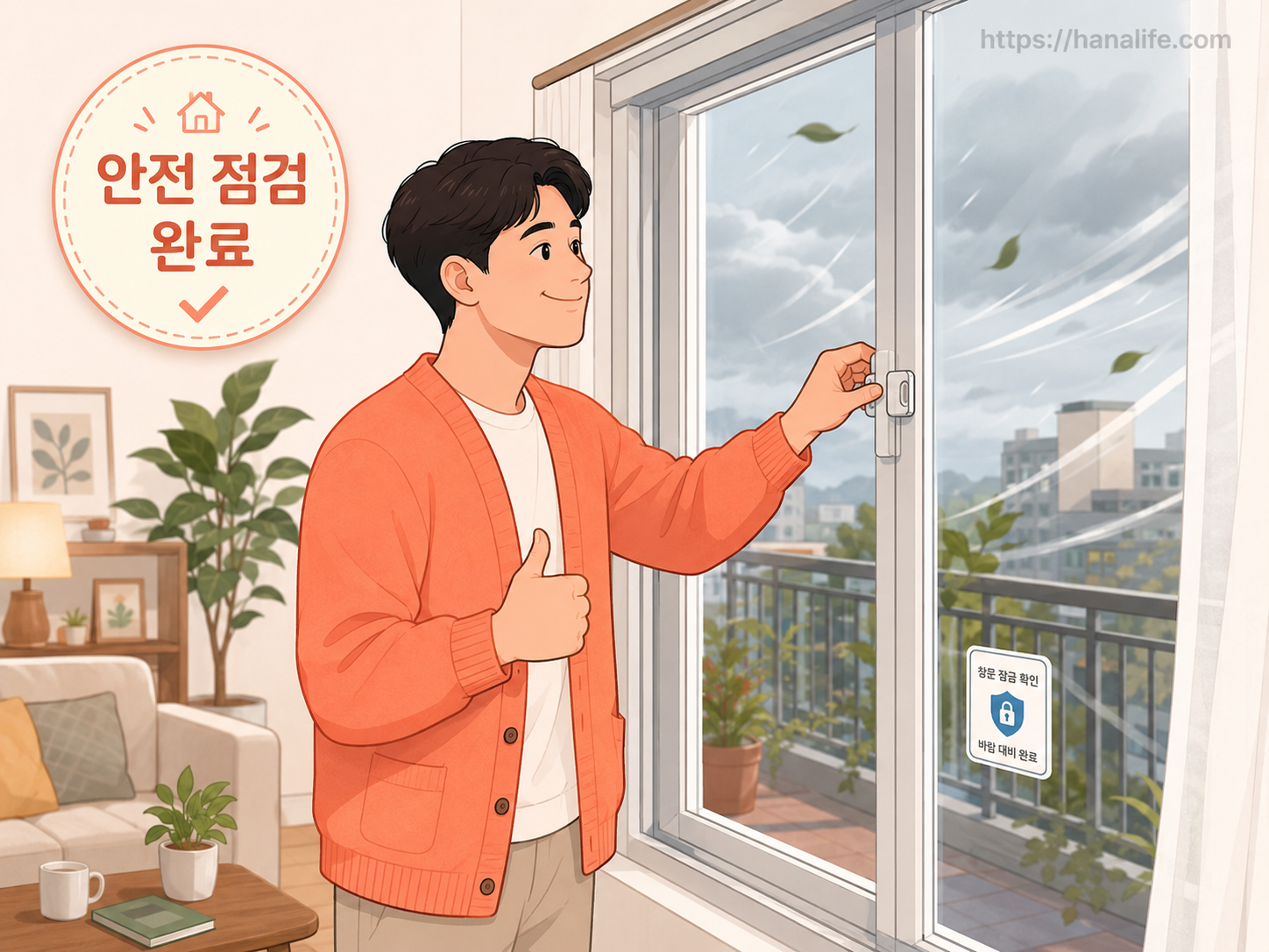 창문을 점검하고 날아갈 수 있는 물건을 고정하며 안전 조치를 취하는 가정의 모습
