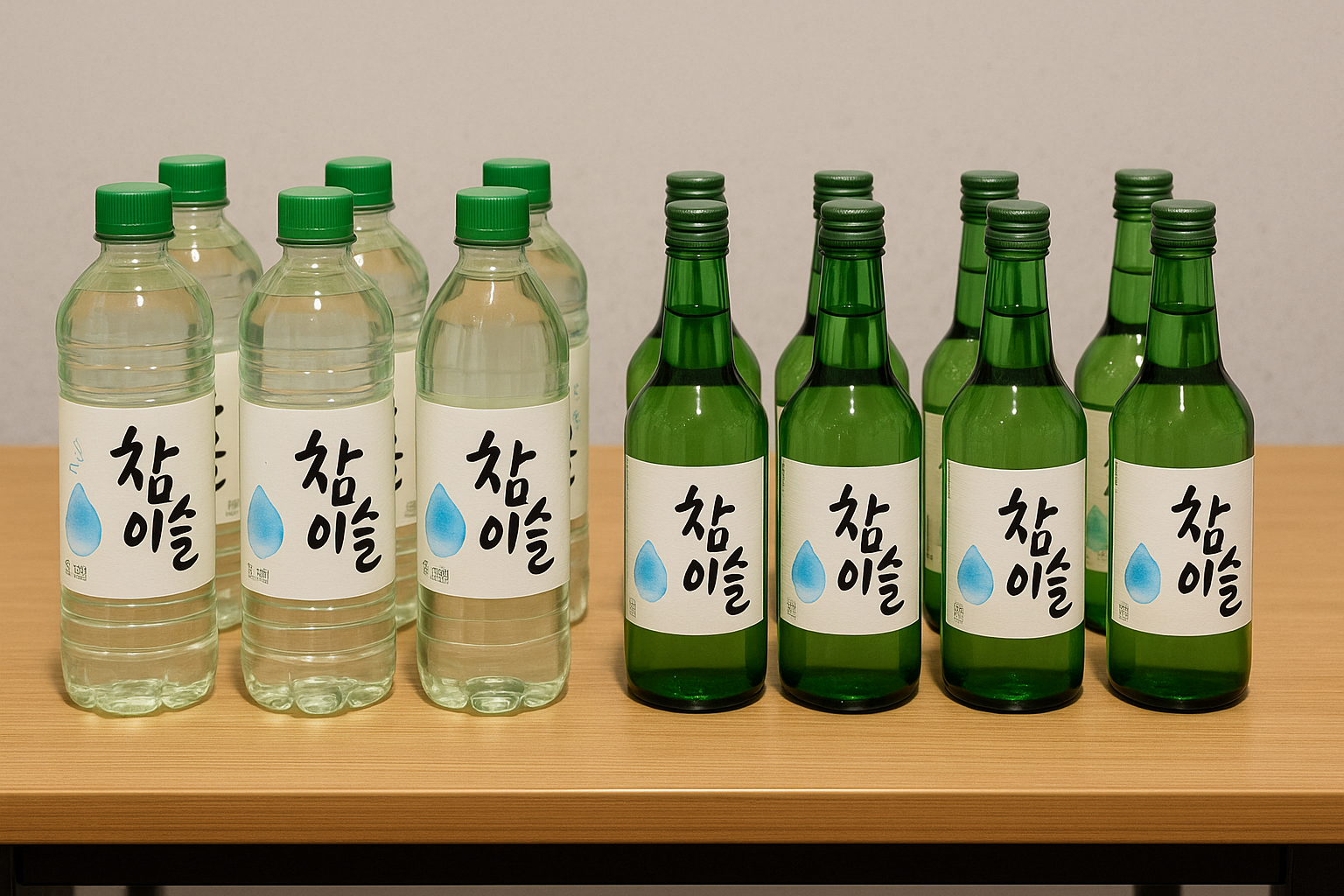 페트, 병 소주가 나열된 테이블