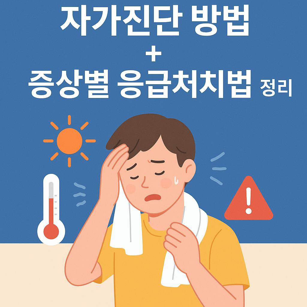 "두통과 더위로 고통받는 남성이 수건을 목에 두르고 땀을 흘리고 있는 일러스트. 배경에는 햇빛, 온도계, 경고 아이콘이 함께 있어 온열질환 위험을 강조함. 상단에는 '자가진단 방법 + 증상별 응급처치법 정리'라는 문구가 쓰여 있음."
