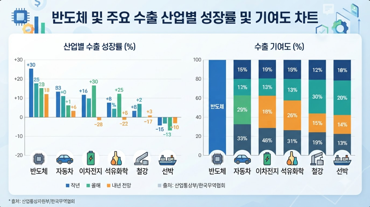 반도체 및 주요 수출 산업 부문별 성장률 및 기여도 분석 도표