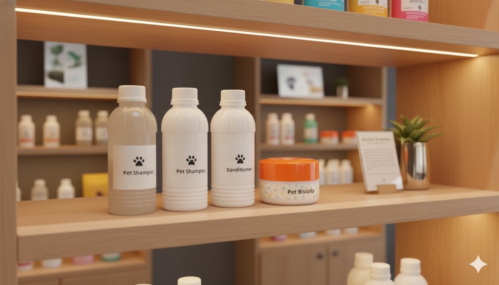 현대적인 펫 스토어의 고급스러운 진열대에 삼양플라스틱의 A250 용기(펫 비스킷 라벨)와 투명/불투명 용기(펫 샴푸, 컨디셔너 라벨)들이 다른 프리미엄 펫 제품들과 함께 진열되어 있습니다. 용기의 안전성과 신뢰도를 간접적으로 어필합니다.