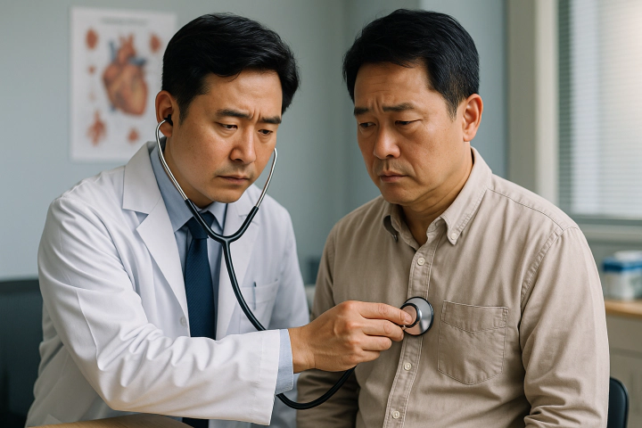 한국인 의사가 환자의 가슴을 청진기로 진찰하는 장면