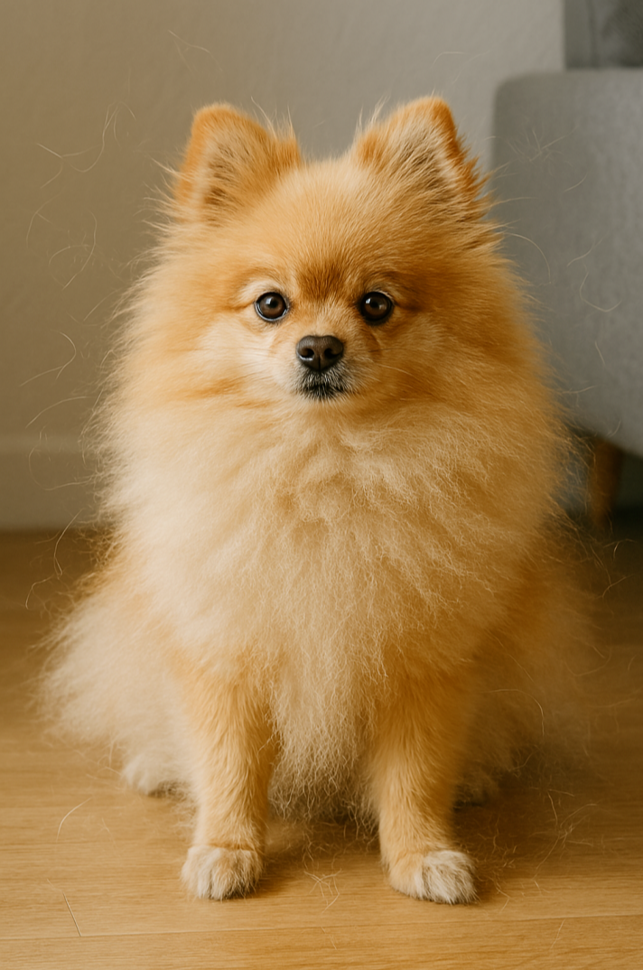 포메라니안이 실내 바닥에 앉아 있으며, 주변에 떠다니는 털이 보여 장모종 특유의 털날림과 풍성한 털관리가 필요한 상황을 자연스럽게 나타낸 장면입니다.