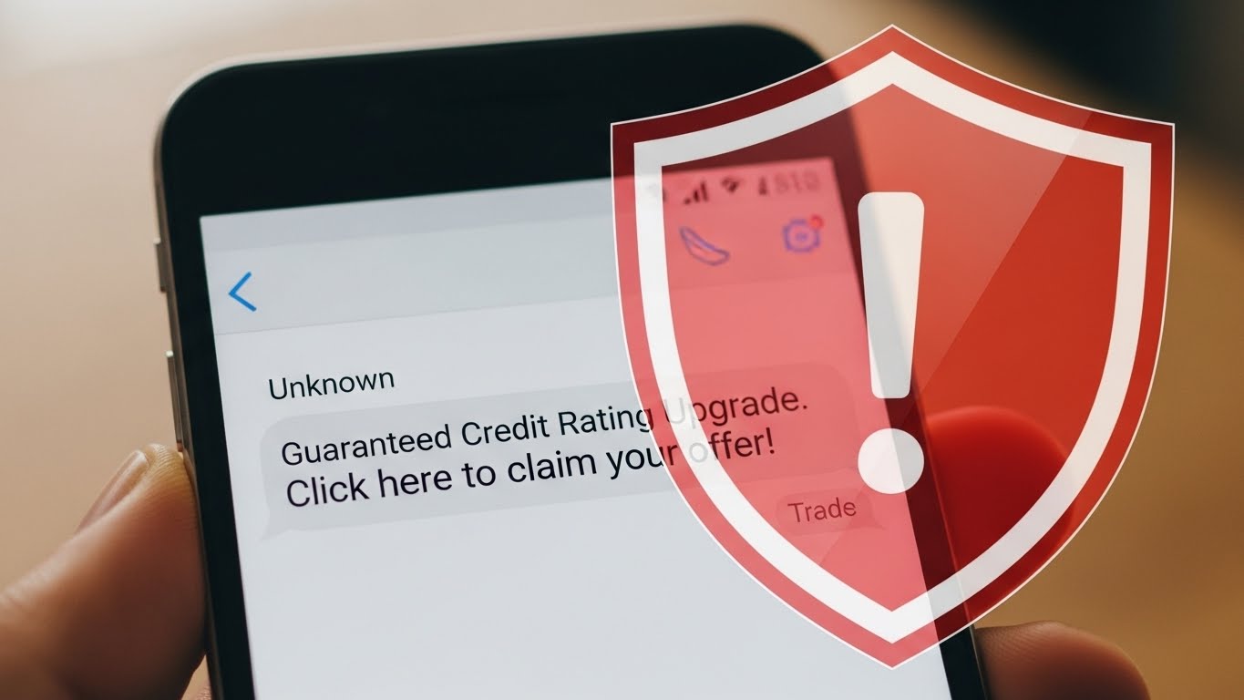 Warning image showing a suspicious text message saying Guaranteed Credit Rating Upgrade on a smartphone screen, blocked by a large red shield icon (securityblock) in front.