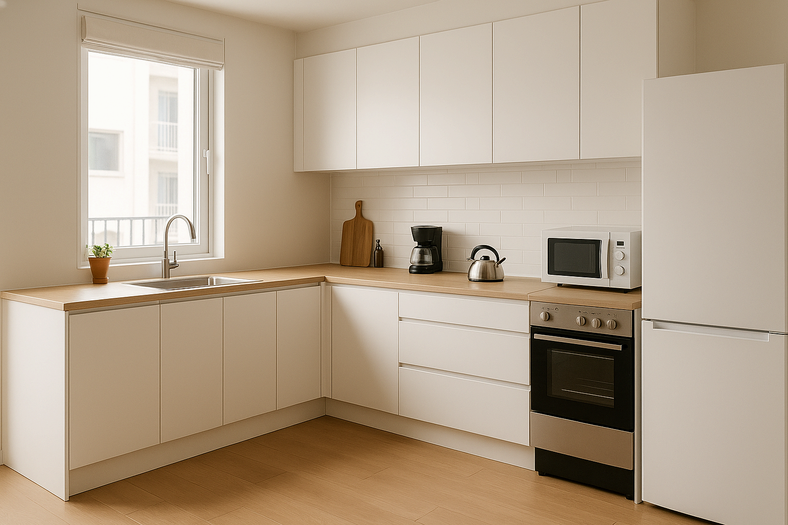 작업대 위 물건을 치우고 가전제품 몇 개만 남겨 깔끔해진 아파트 주방 전경