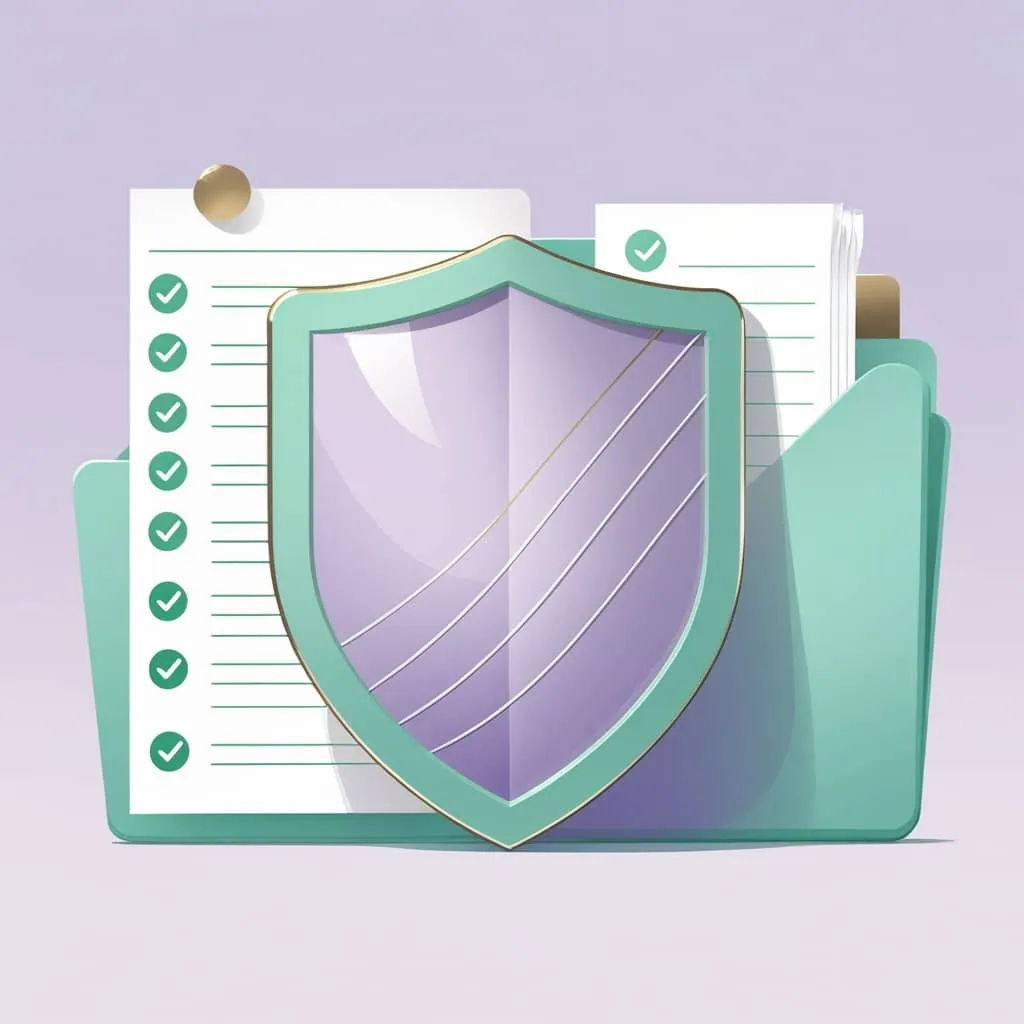 부모 자식간 차용증: 사후관리 체크리스트를 방패&#44; 영수증 등의 이미지와 함께 상징적으로 나타낸 이미지