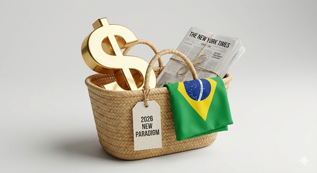 금색 달러 표시와 브라질 국기, 신문 뭉치가 한 바구니에 담긴 2026 패러다임 인포그래픽