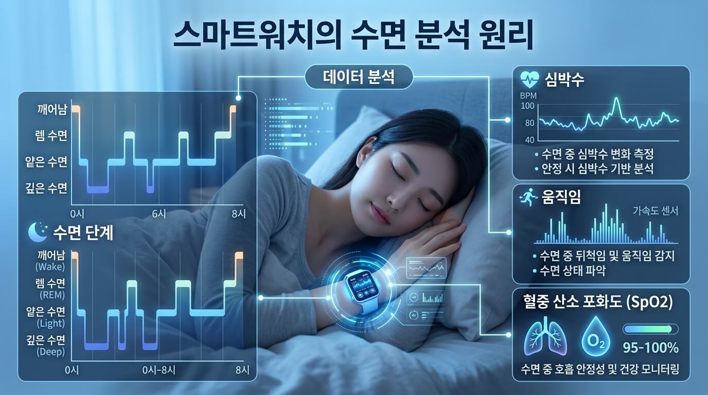 스마트워치가 심박수와 움직임을 기반으로 수면 상태를 분석하는 건강 데이터 인포그래픽