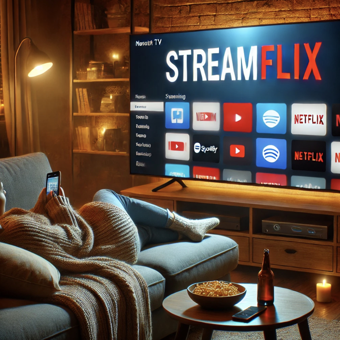 스마트 티비를 소파에 누워서 보는 사진