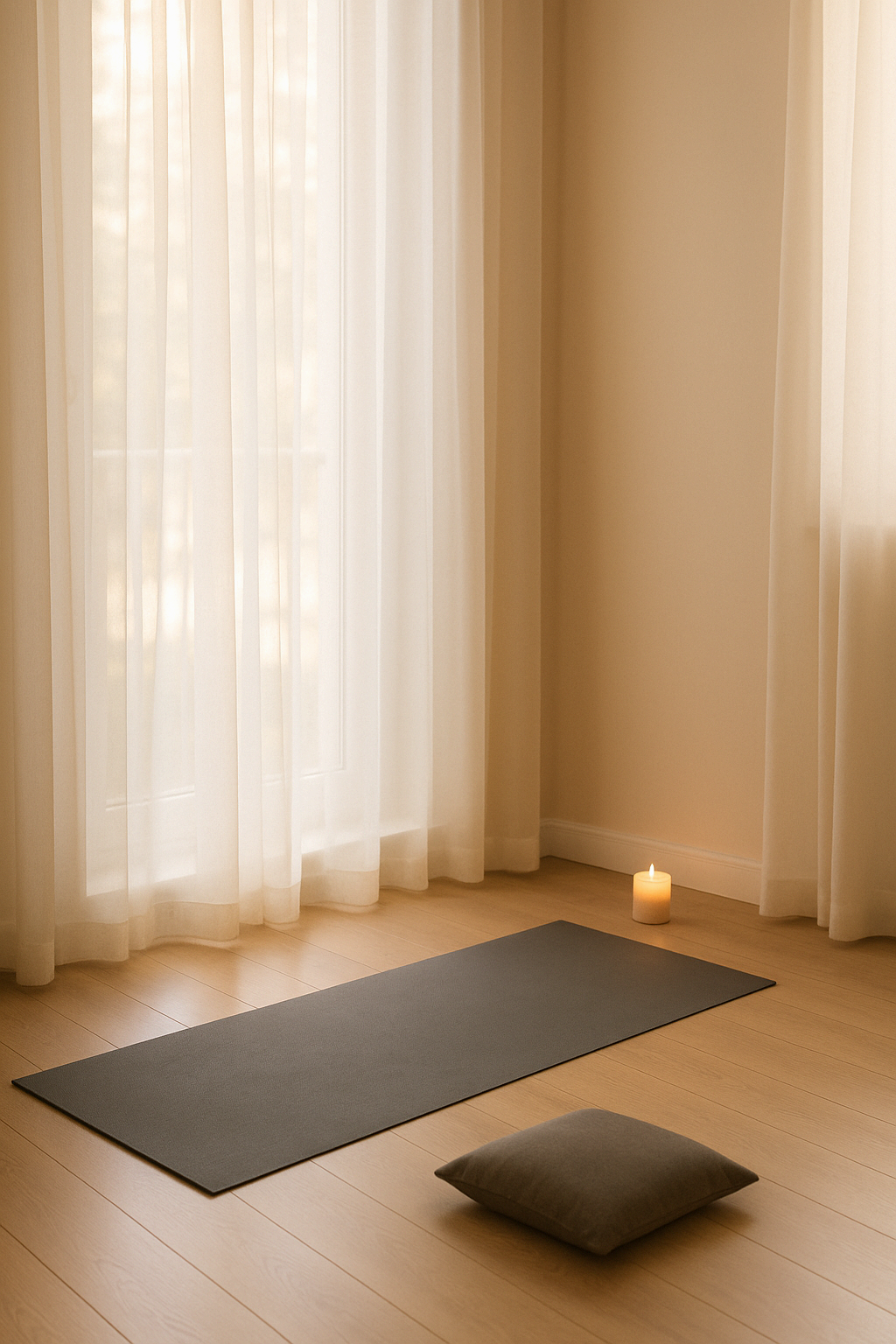햇살이 들어오는 방에 요가 매트와 향초가 놓인 조용한 공간